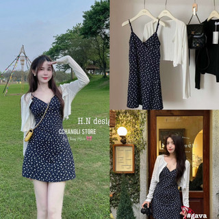 Set áo cadigan mix váy hoa hai dây cổ V”nina” tiểu thư