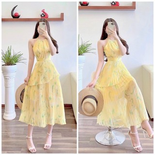 Đầm dự tiệc cổ yếm dập ly 2 lớp xinh xắn sang trọng