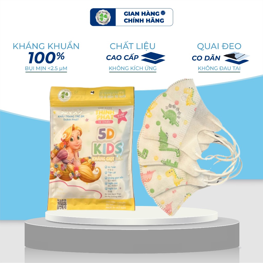 Khẩu Trang Thịnh Phát 5d cho bé 100 chiếc KIDS trẻ em 3 lớp kháng khuẩn nhiều màu 1-10 tuổi