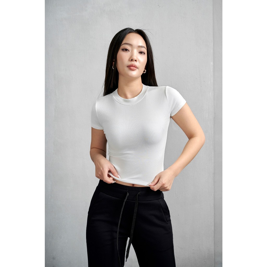 Áo thun croptop tay ngắn cổ tròn The Kim, áo baby tee thun tăm trơn A166