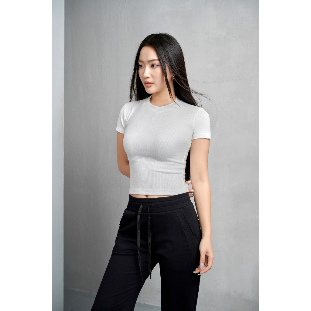Áo thun croptop tay ngắn cổ tròn The Kim, áo baby tee thun tăm trơn A166
