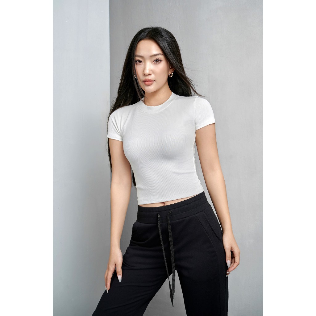 Áo thun croptop tay ngắn cổ tròn The Kim, áo baby tee thun tăm trơn A166