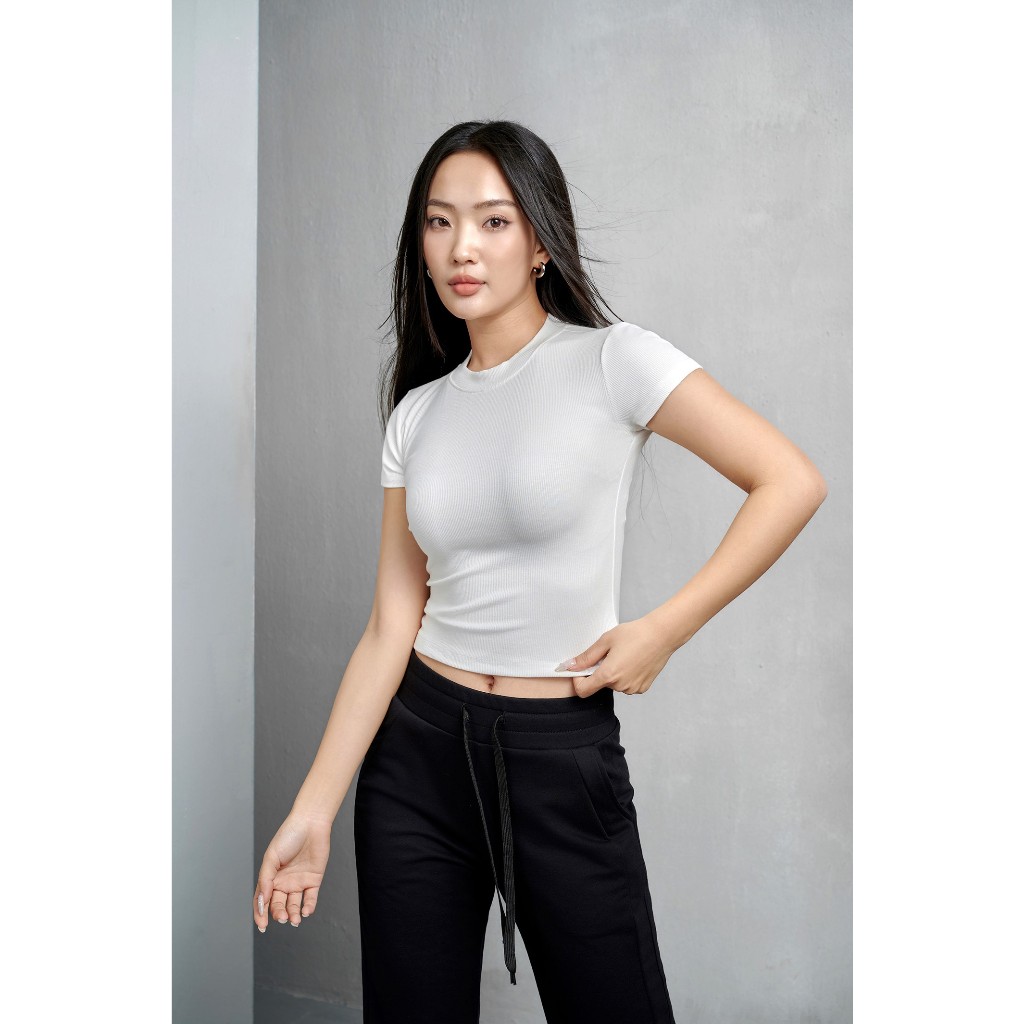 Áo thun croptop tay ngắn cổ tròn The Kim, áo baby tee thun tăm trơn A166