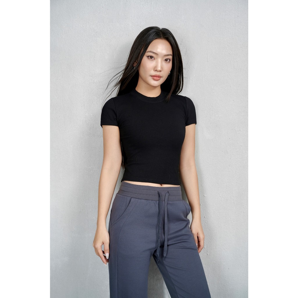 Áo thun croptop tay ngắn cổ tròn The Kim, áo baby tee thun tăm trơn A166