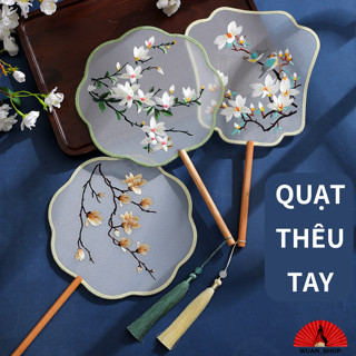 Quạt cổ trang thêu tay 2 mặt, quạt cầm tay cổ trang bằng lụa thêu hình phong cách Trung hoa, phụ kiện
