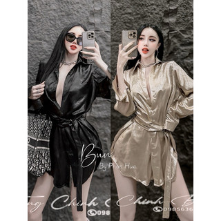 Áo sơ mi lụa nhũ form dấu quần chiết eo sexy sang chảnh a5