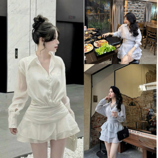 Set 3 Món Dự Tiệc Chất Liệu Tơ Xốp Gồm Áo Sơ Mi Cúc Ngọc Kèm Áo 2 Dây + Chân Váy 3 Tầng Có Quần Trong sang Chảnh