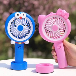 Quạt mini tích điện cầm tay có đèn viền 3 tốc độ - quạt sạc mini hình doremon, mèo hello kitty sạc cổng usb - thỏ sồi