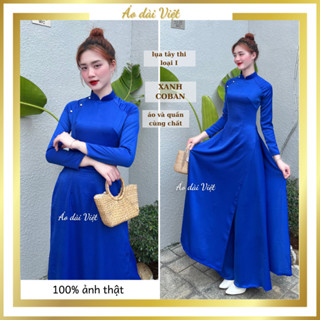  Áo dài 2025 xanh coban truyền thống đính ngọc may sẵn xanh dương đậm trơn lụa tây thi bóng nhẹ cao cấp loại I 
