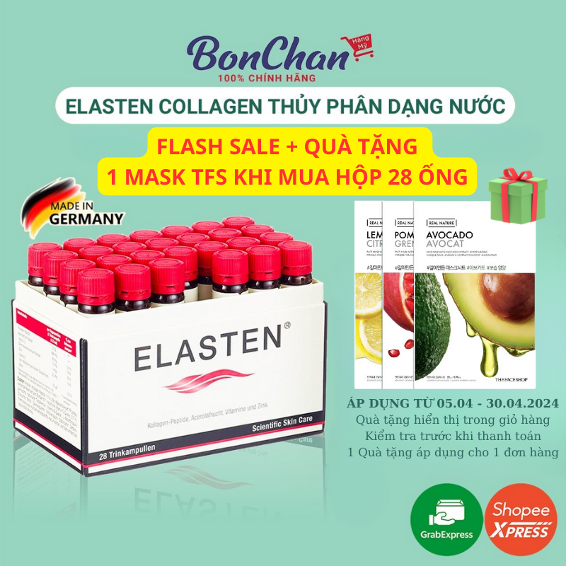 [HÀNG CTY] Collagen Elasten dạng nước chống lão hóa, đẹp da, mờ nếp nhăn, căng bóng, sáng mịn Đức (Hộp 28 ống x 25ml)