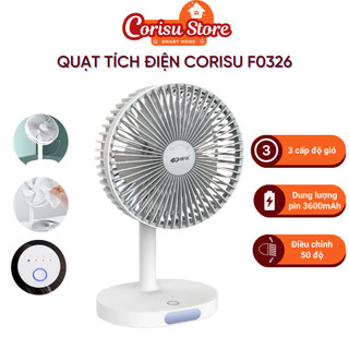 Quạt tích điện CORISU F0326 3 cấp độ gió, dung lượng pin lớn 3600mAh, dùng 3-5 tiếng liên tục, có đèn LED
