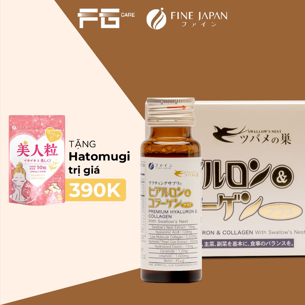 Collagen nước Tổ Yến Sào Nhật Bản Thượng Hạng Đẹp Da - Fine Japan Hyaluron & Collagen With Swallow's Nest 10 chai x 50ml