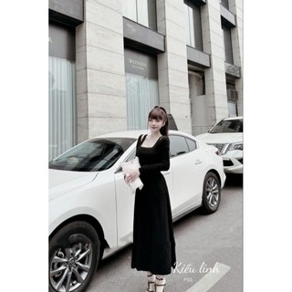 đầm nữ dáng xoè maxi thun tăm tay dài cổ vuông gb