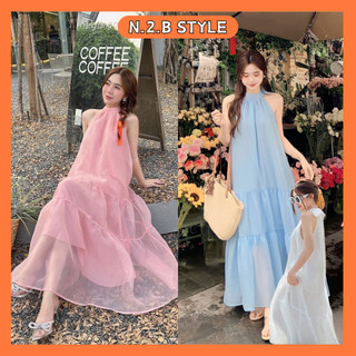 Váy maxi cổ yếm nơ lưng có mút ngực chất voan tơ phối tầng form cực xoè siêu phẩm đi biển N2Bstyle