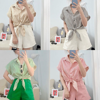 Áo sơ mi cộc tay buộc vạt, áo sơ mi đũi kẻ sọc buộc vạt tay hến