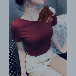 Áo thun gân đính nơ kim sa