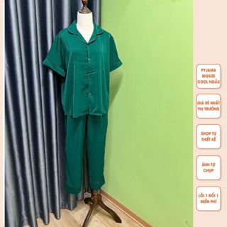 Đồ ngủ nữ bigsize xanh rêu trơn cộc dài chất lụa Mango không nhăn dành cho cân nặng 40kg - 90kg