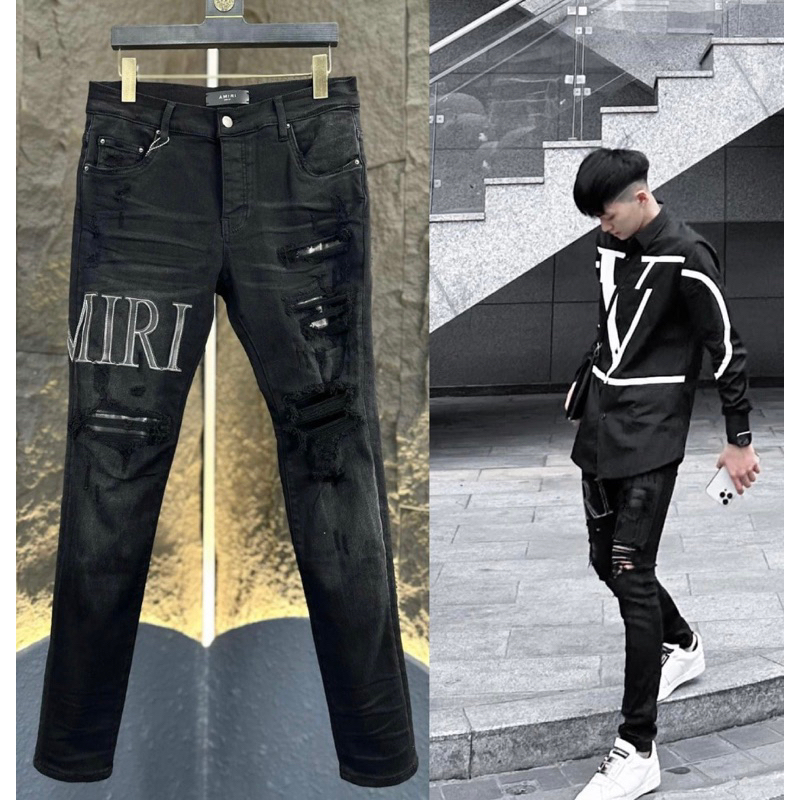 Quần Jean Skinny Amiri Nam Likeauth Wash Đen Mài Thêu Chữ Đùi Phối Rách Vá Da Đen Mix Túi Sau Da Hot