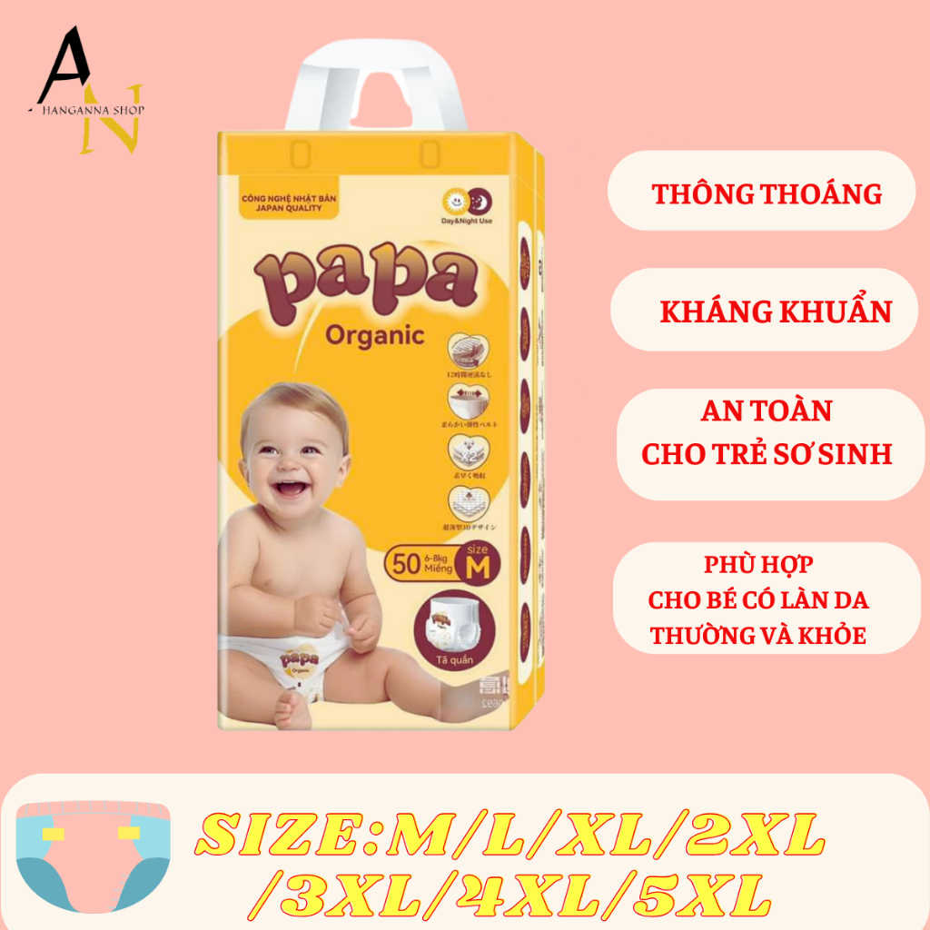 Bỉm Quần PAPA thấm hút tốt, thông thoáng, chống hăm, an toàn cho bé, đủ size M - 5XL