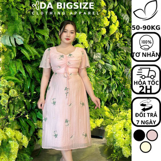 Dabigsize - Đầm Bigsize Nữ , Váy Maxi Hoa Nhún Ngực Chất Tơ Nhăn Hoa Thêu Mềm Mịn Che Khuyết Điểm Cho Người Mập 50-90kg