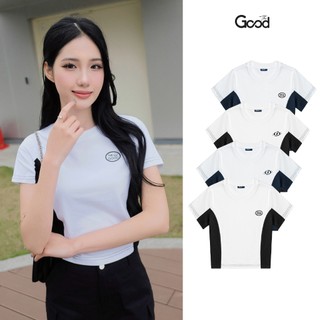 Áo Baby Tee THE GOOD "Simple smile", Áo Thun Nữ Phối Màu Họa Tiết Logo Nhỏ in Ngực Trái Cổ Tròn Chất Liệu Cotton Co Giãn