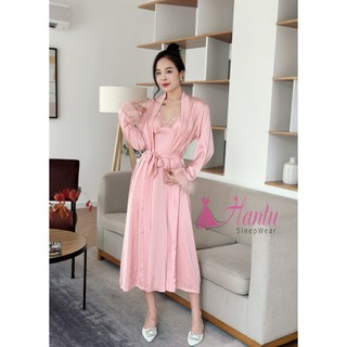 Set áo choàng + váy ngủ lụa 2 dây lông vũ chụp hình,quay phóng sự cưới - HANTU SLEEPWEAR