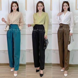  Set quần dài ống rộng cột dây eo mix áo cổ V tay dài LEOSWEARING B645 