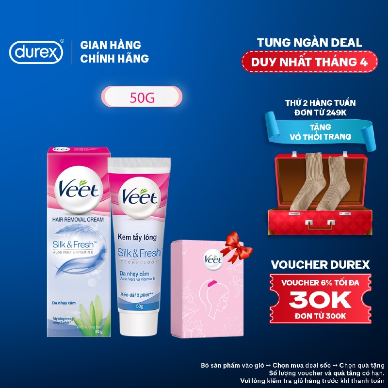 Combo 1 Kem tẩy lông Veet cho da nhạy cảm 50g tặng 1 Hộp dây cột tóc