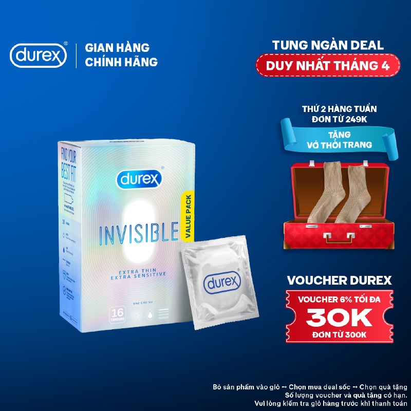 [ĐỘC QUYỀN] Bao Cao Su Durex Invisible Siêu Mỏng, Size 52 mm, Hộp 16 Bao Mới Ra Mắt - Hộp Lớn Siêu Tiết Kiệm