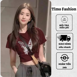 Áo thun nữ in hình con bướm, Áo croptop in hình bướm ngắn tay, thoáng mát, mặc đi chơi, đi biển AOT106