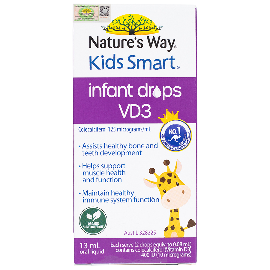 Vitamin D3 Thuần Chay Organic Cho Trẻ Sơ Sinh Nature's Way Kids Smart Infant Drops VD3 Chai 13ml