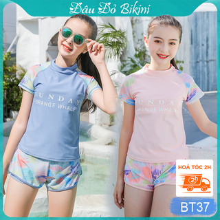Đồ bơi bé gái size đại (big size) dáng thể thao trẻ trung, áo cộc tay sẵn đệm ngực, quần bơi sooc đùi 2 lớp kín | BT37