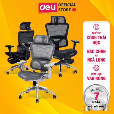 Ghế Công Thái Học DELI Hỗ Trợ Cột Sống Bệ Tì Tay Tựa Lưng 3D Lưới Vân Rồng Có Gác Chân Ngả Lưng