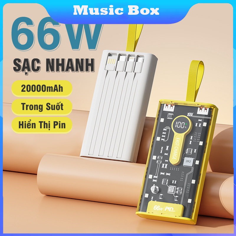 ( Kèm 4 đầu sạc ) Sạc dự phòng PD-66W 20000mah trong suốt tốc độ lên đến 66W, Hỗ Trợ Sạc Nhanh Chuẩn