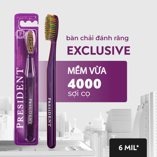 Bàn chải trắng răng President Exclusive. Độ cứng bàn chải Vừa. Giúp đánh bóng men răng và không làm tổn thương nướu.