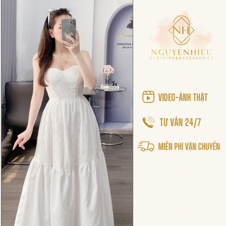 [Ảnh thật] [Hàng sẵn] váy maxi đũi trắng 2 dây chân bèo