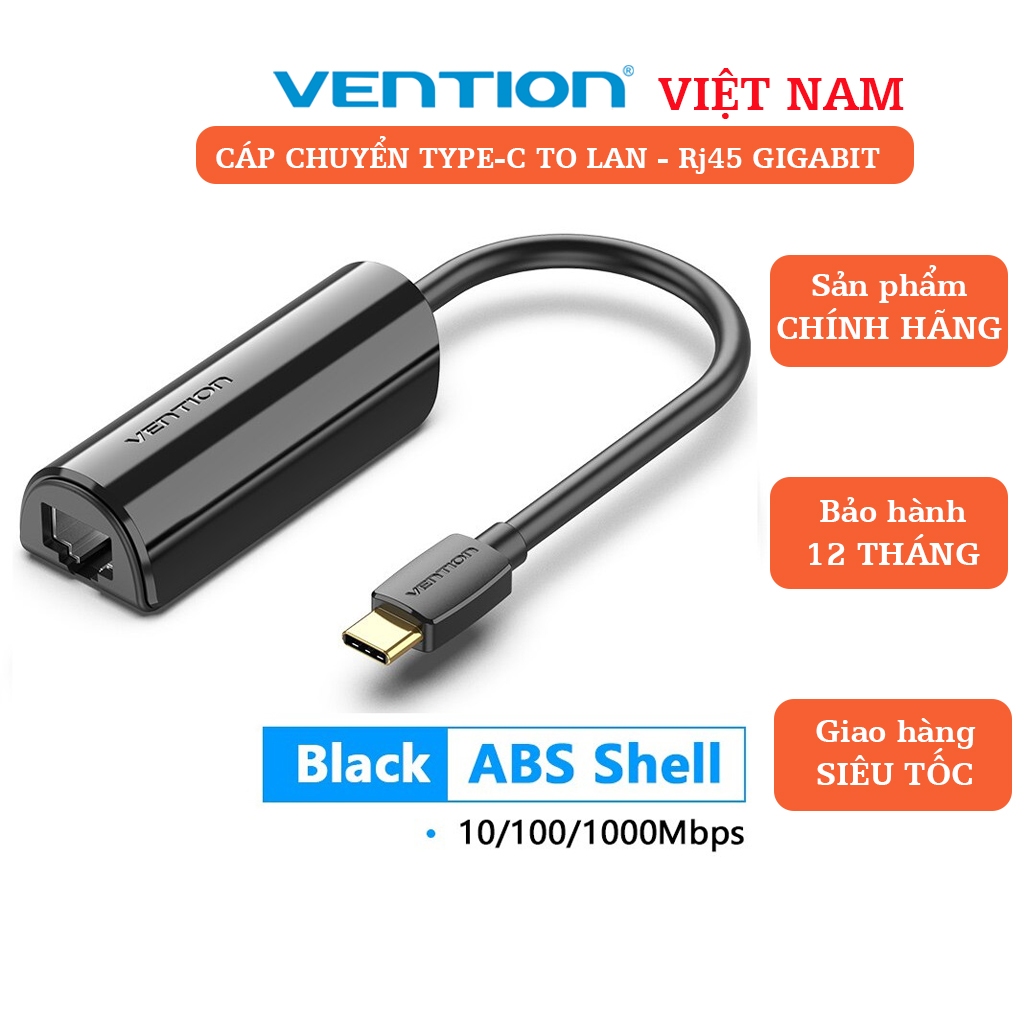 Cáp chuyển đổi USB Type-C sang LAN RJ45 Vention – Hỗ trợ tốc độ 1000Mbps