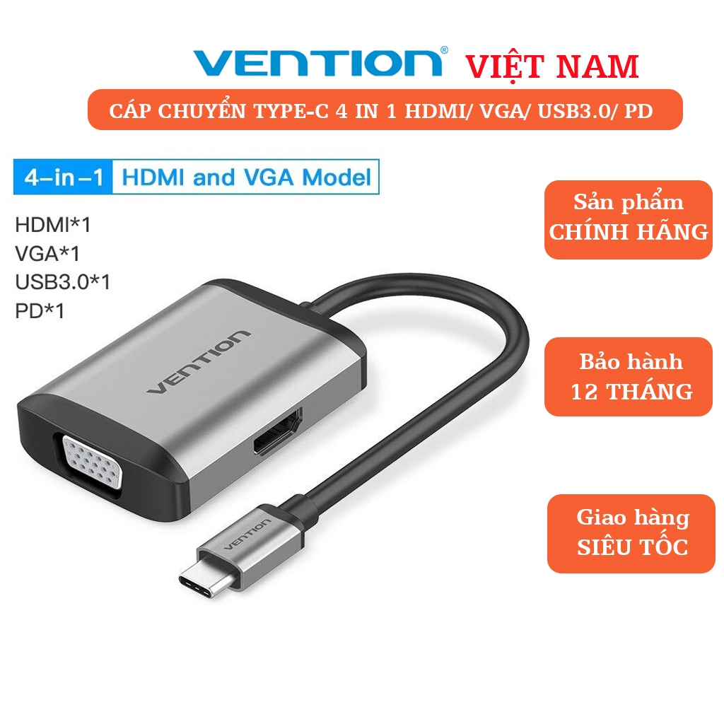 Type C - Cáp chuyển USB Type C to HDMI + VGA + USB + PD (87W) (4 in 1) Vention