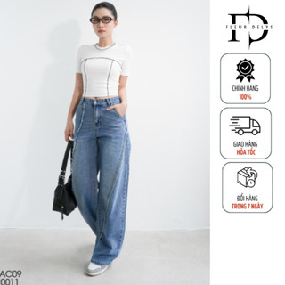 Quần jean ống rộng nữ Delys QJ0011 phối viền chéo viền tua