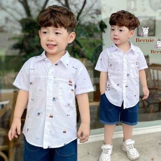Bộ sơ mi cộc tay bé trai Bernie áo trắng in MÁY XÚC quần sooc jean cho bé 9-23kg - 1223B031