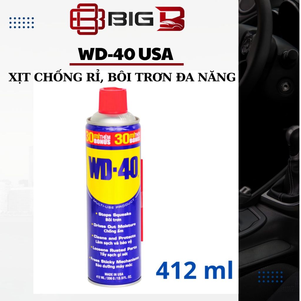WD40-412ml USA  -CHÍNH HÃNG- Bình Xịt Chống Rỉ Bôi Trơn, Vệ Sinh Làm Sạch Đa Năng, Bảo Dưỡng Xe BIG B STORE