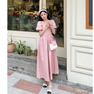 Váy đầm nữ dáng dài tay bồng cổ vuông xếp ly thiết kế nhẹ nhàng thanh lịch