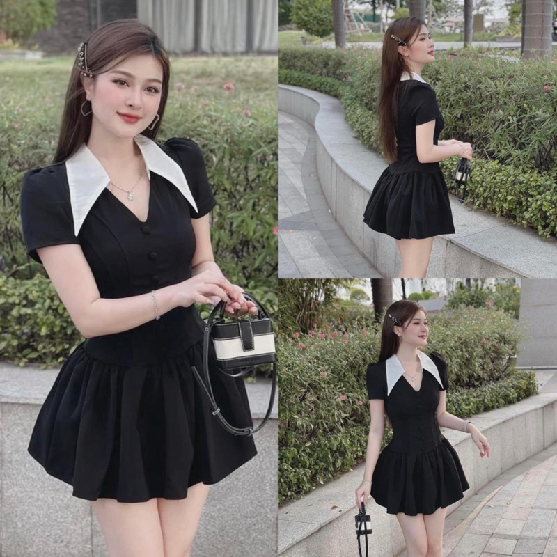 VÁY TAY BỒNG PHỐI CỔ TRẮNG