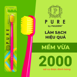 Bàn chải đánh răng PURE by President. Lông bàn chải Mềm Vừa. Kiểu dáng phong cách. Làm sạch không gây hại nướu. Medium