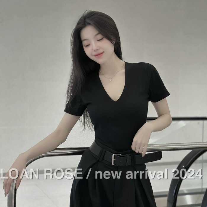 Áo Thun Cotton Cao Cấp Cổ Tim Thiết Kế Ôm Eo Trơn Basic V525