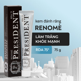 Kem đánh răng President Renome. Cho nướu khỏe. Làm sạch nhẹ nhàng. Hơi thở thơm mát. Ngừa sâu răng. RDA 75