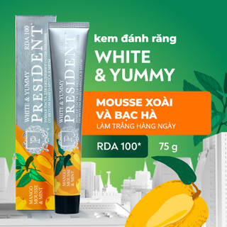 Kem đánh răng President Mango Mousse & Mint. Hương vị nguyên bản mousse Xoài và Bạc Hà. Làm trắng hàng ngày. RDA 100