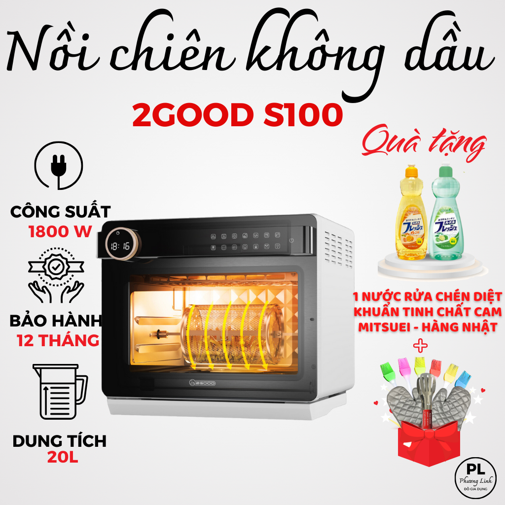 Nồi Chiên Không Dầu Kèm Hấp CREEN 2GOOD S100- Dung tích 20L, Lồng tự đảo 360° - Hàng Chính Hãng- Bảo Hành 12 Tháng