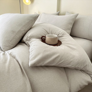 Bộ chăn ga gối 4 món cotton đũi muji kẻ hoạ tiết sọc tăm basic