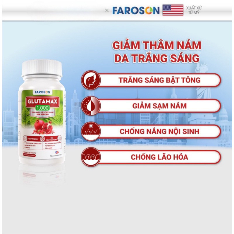 (Hàng C.Ty + Tặng mask) Viên Uống Giảm Nám Trắng Da Chống Nắng Faroson Glutamax 1000